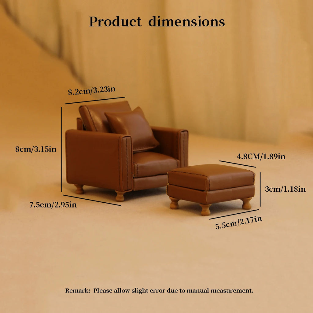 1:12 Miniature Realistic Furniture Brown Leather Single Sofa with Footrest/Double Sofa Suitable for Mini House Home Decor