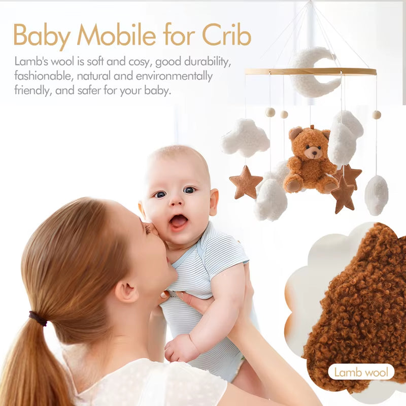 Wooden Crib Mobile Baby Bed Bell Rattle Toy Soft Felt Cartoon Bear Mobile Bracket Newborn Music Box Bed Bell Hanging Bracket Toy