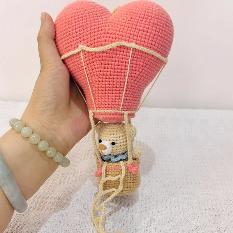 Handmade Crochet Bear in Hot Air Balloon - Hanging Nursery Decor, Cute Plush Animal Wall Hanging for Kids Room, Baby Mobile Deco