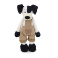 Black White Dog Plush Toy Soft Stuffed Animal with Khaki Overalls Doll Clothes Cute Decor Gift for Kids Adults Bedroom Sofa Car