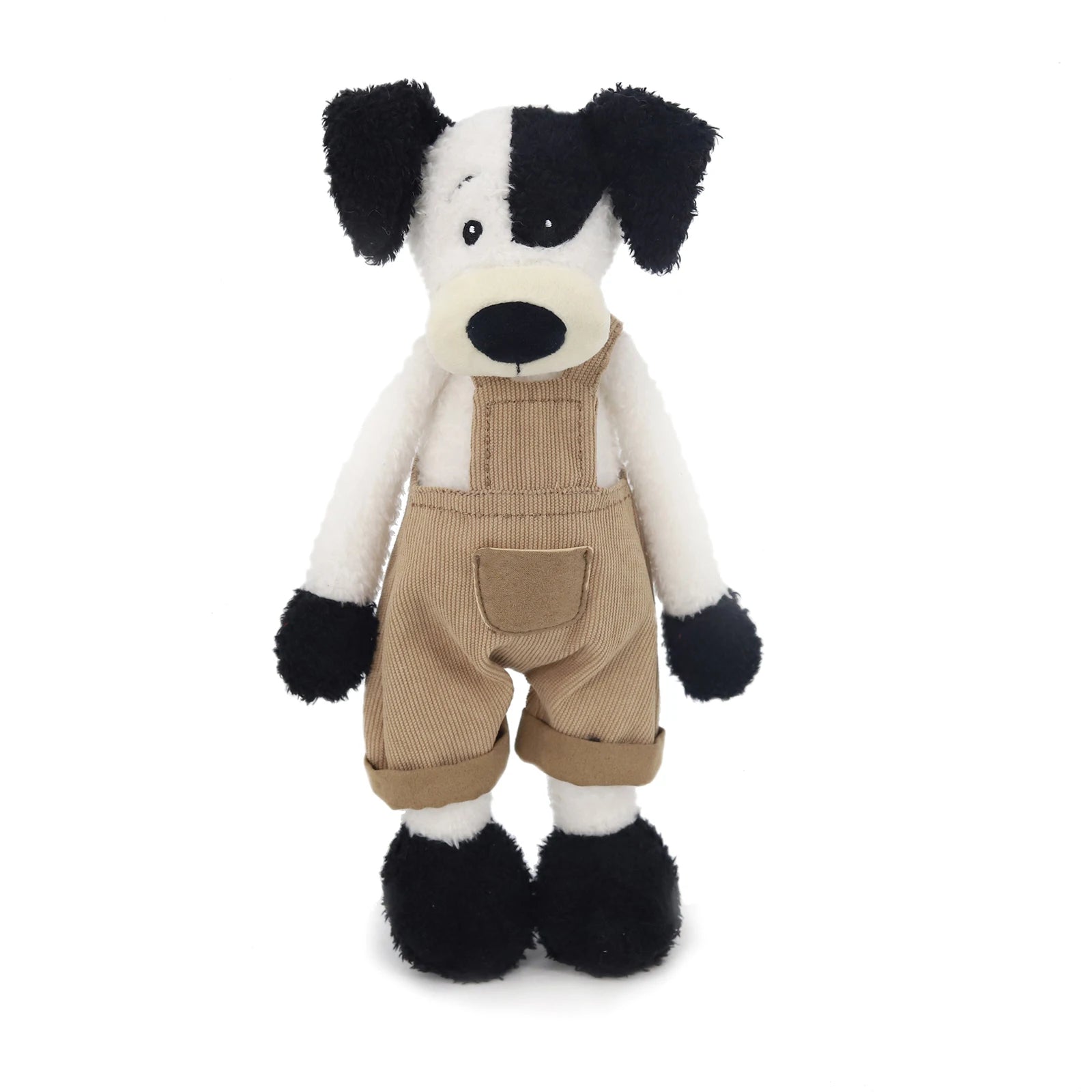 Black White Dog Plush Toy Soft Stuffed Animal with Khaki Overalls Doll Clothes Cute Decor Gift for Kids Adults Bedroom Sofa Car