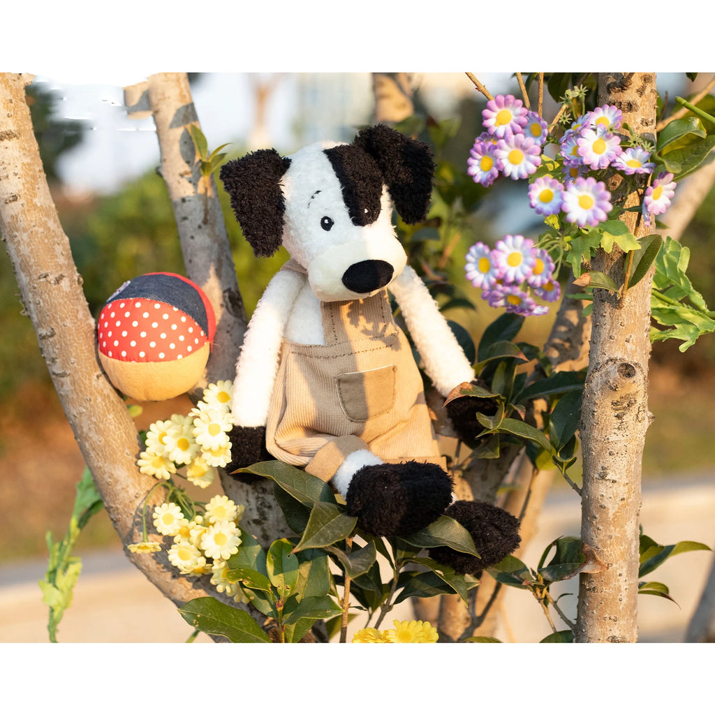 Black White Dog Plush Toy Soft Stuffed Animal with Khaki Overalls Doll Clothes Cute Decor Gift for Kids Adults Bedroom Sofa Car