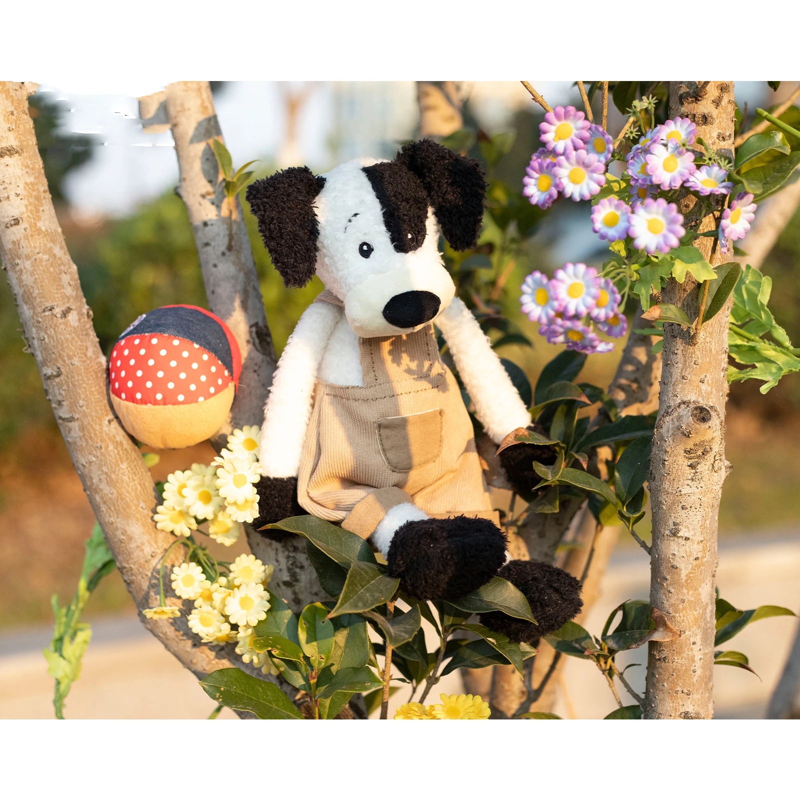 Black White Dog Plush Toy Soft Stuffed Animal with Khaki Overalls Doll Clothes Cute Decor Gift for Kids Adults Bedroom Sofa Car