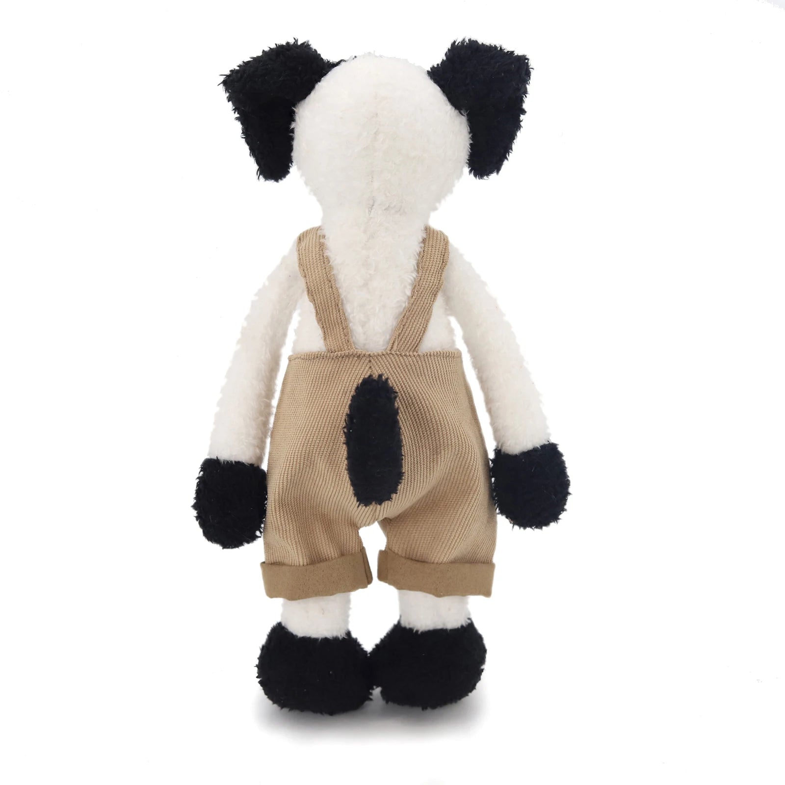 Black White Dog Plush Toy Soft Stuffed Animal with Khaki Overalls Doll Clothes Cute Decor Gift for Kids Adults Bedroom Sofa Car