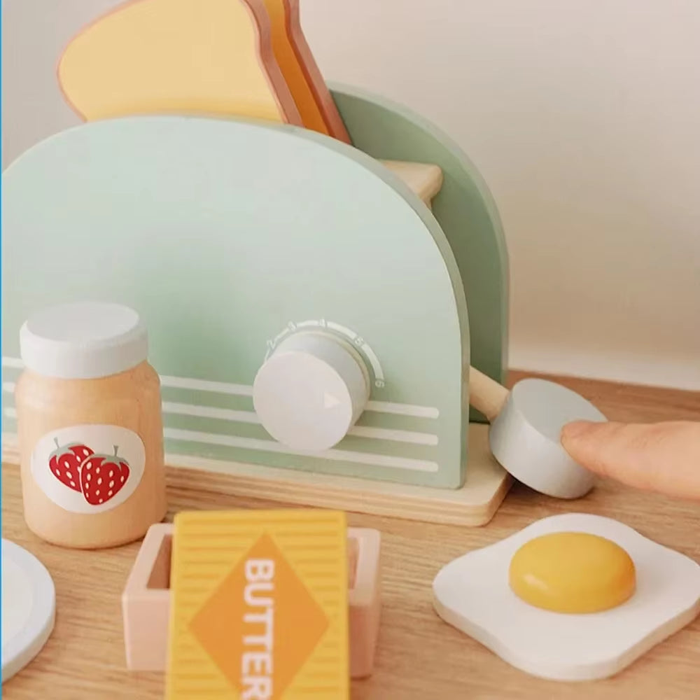 Wooden Toaster Toy Kids Bread Machine Kit Pretend Play Kitchen Toys Set Breakfast Educational Toys Gifts for Girls Boys