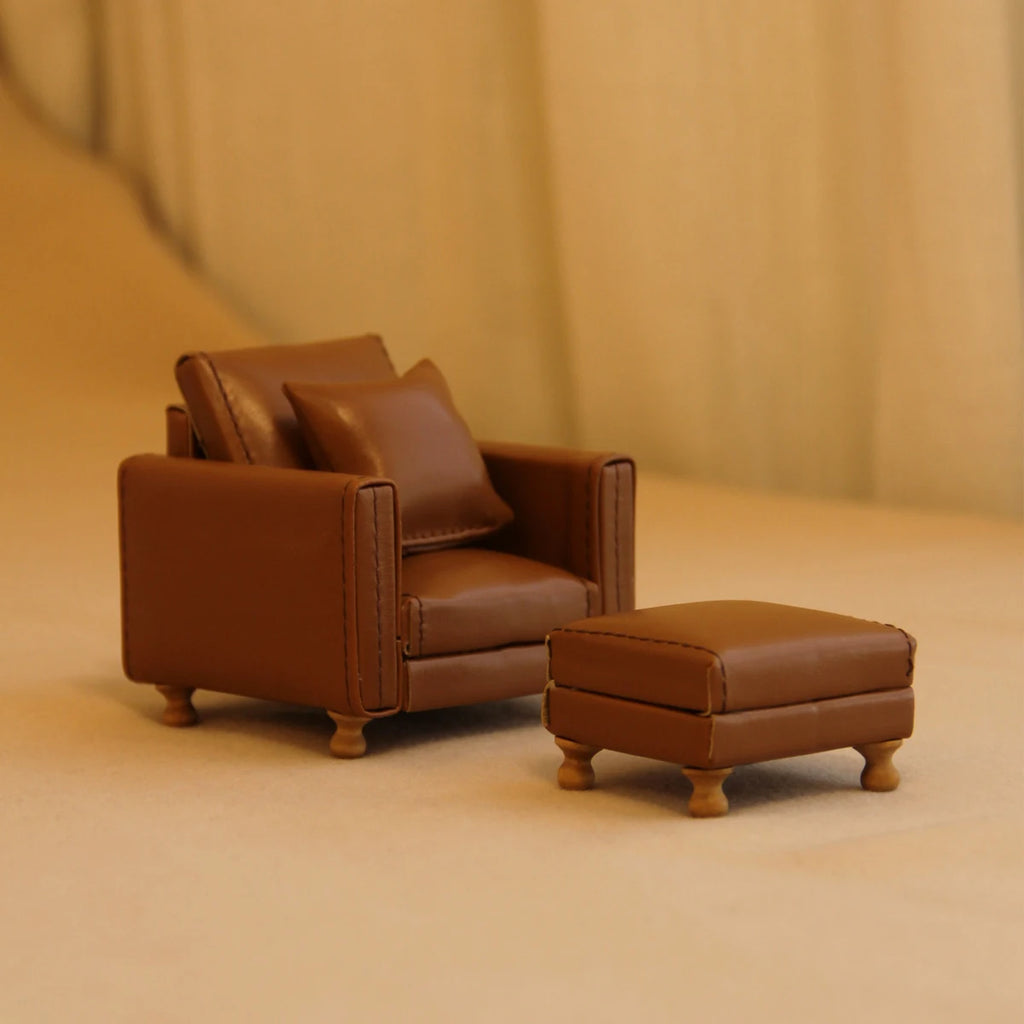 1:12 Miniature Realistic Furniture Brown Leather Single Sofa with Footrest/Double Sofa Suitable for Mini House Home Decor