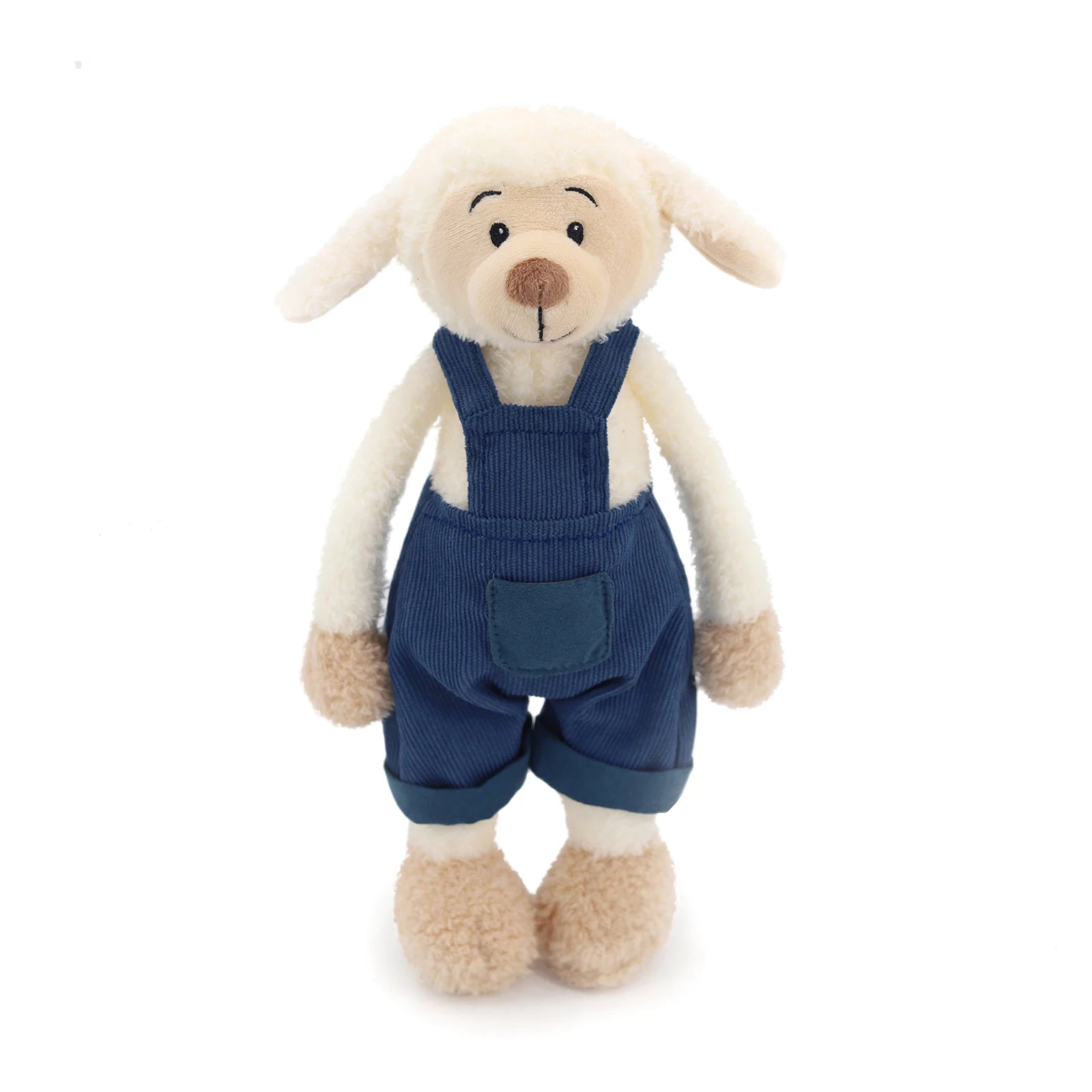Exquisitely Crafted Fluffy Sheep Plush Toy Dressed in Adorable Navy Corduroy Overalls - Super - Soft, Perfect for Kids