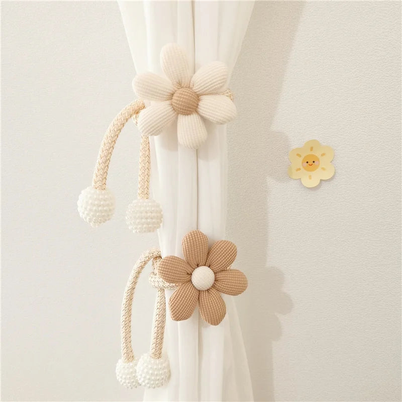 2Pcs Nordic Ins Style Three-Dimensional Flower Pearl Buckle Curtain Tiebacks Children'S Room Decoration Mosquito Net Tie Rope Binding Rope