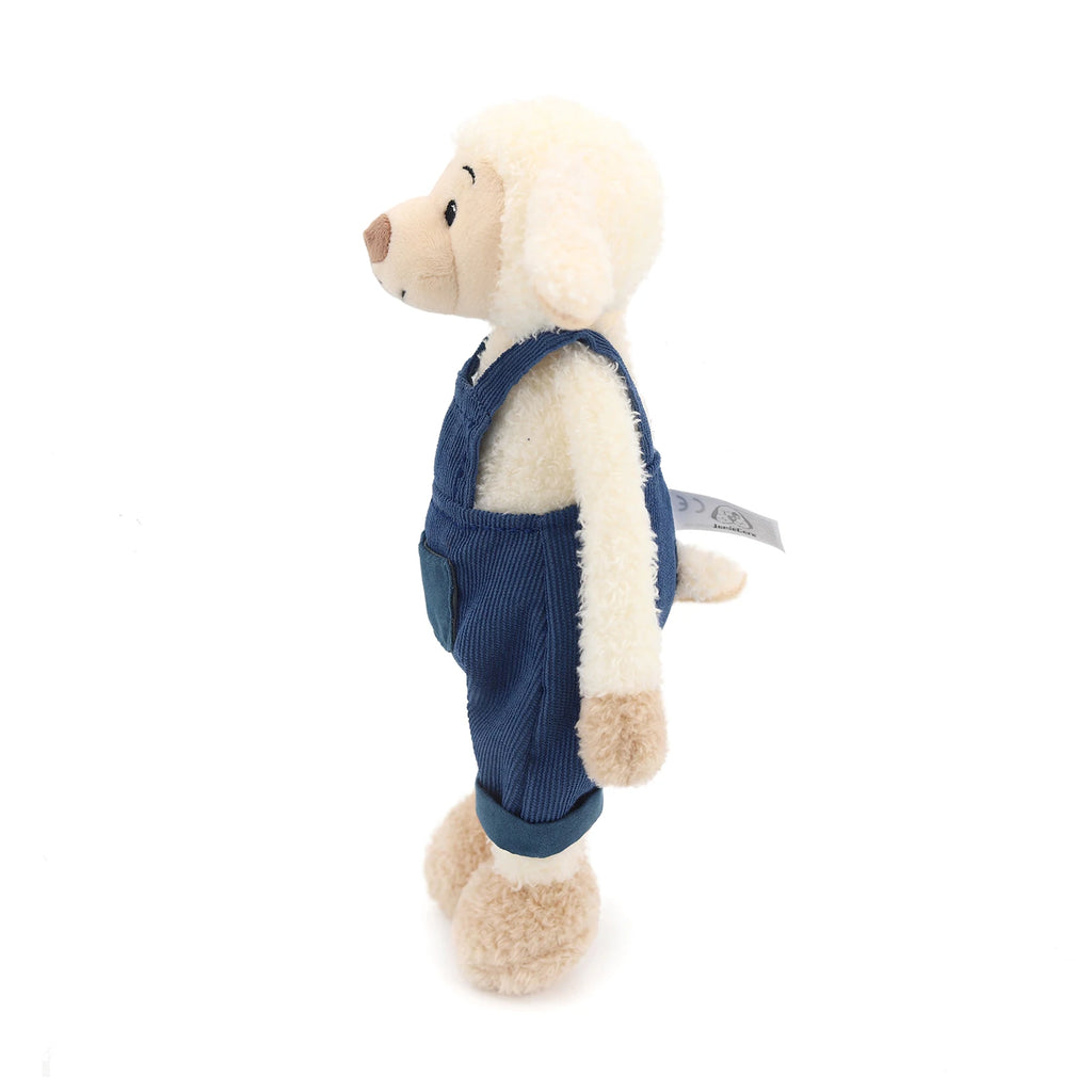 Exquisitely Crafted Fluffy Sheep Plush Toy Dressed in Adorable Navy Corduroy Overalls - Super - Soft, Perfect for Kids
