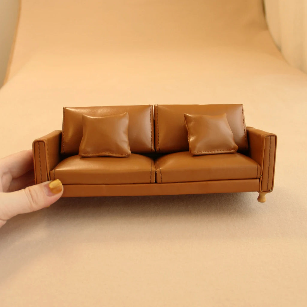 1:12 Miniature Realistic Furniture Brown Leather Single Sofa with Footrest/Double Sofa Suitable for Mini House Home Decor