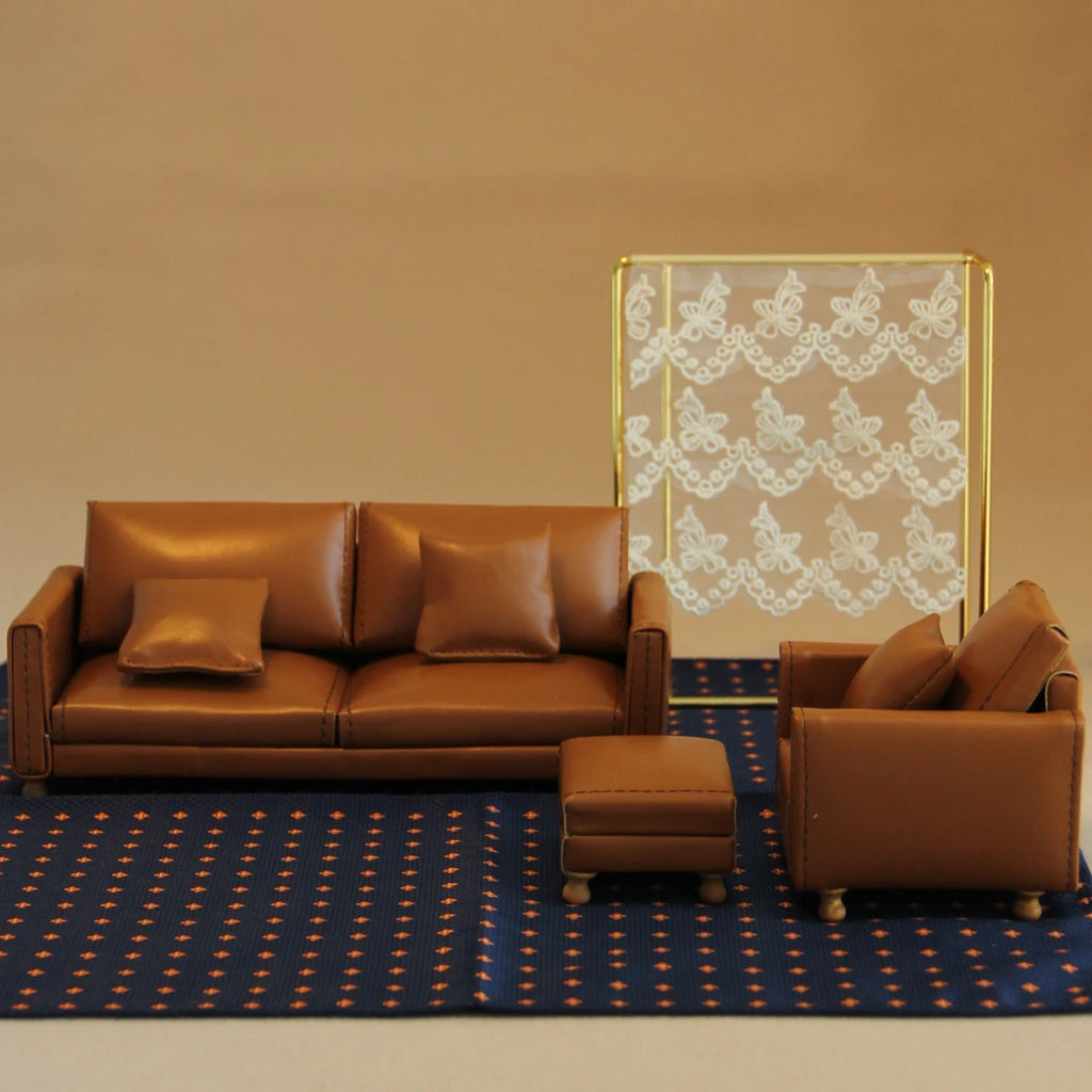 1:12 Miniature Realistic Furniture Brown Leather Single Sofa with Footrest/Double Sofa Suitable for Mini House Home Decor
