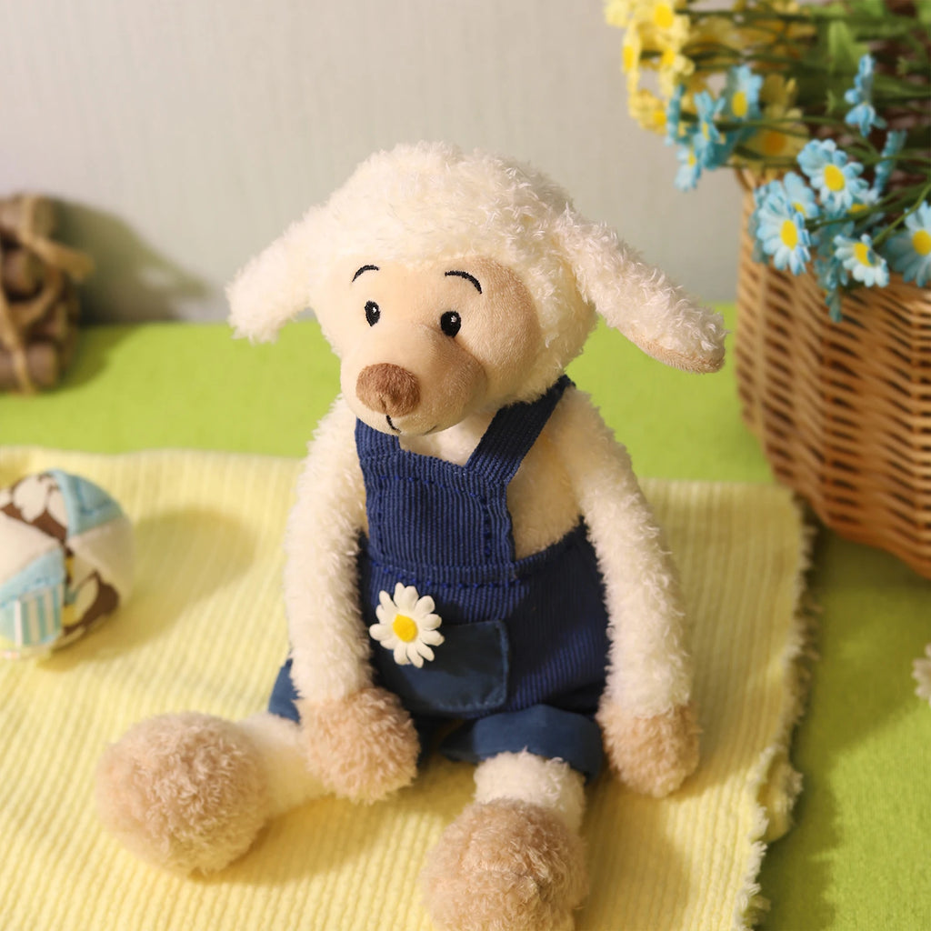 Exquisitely Crafted Fluffy Sheep Plush Toy Dressed in Adorable Navy Corduroy Overalls - Super - Soft, Perfect for Kids