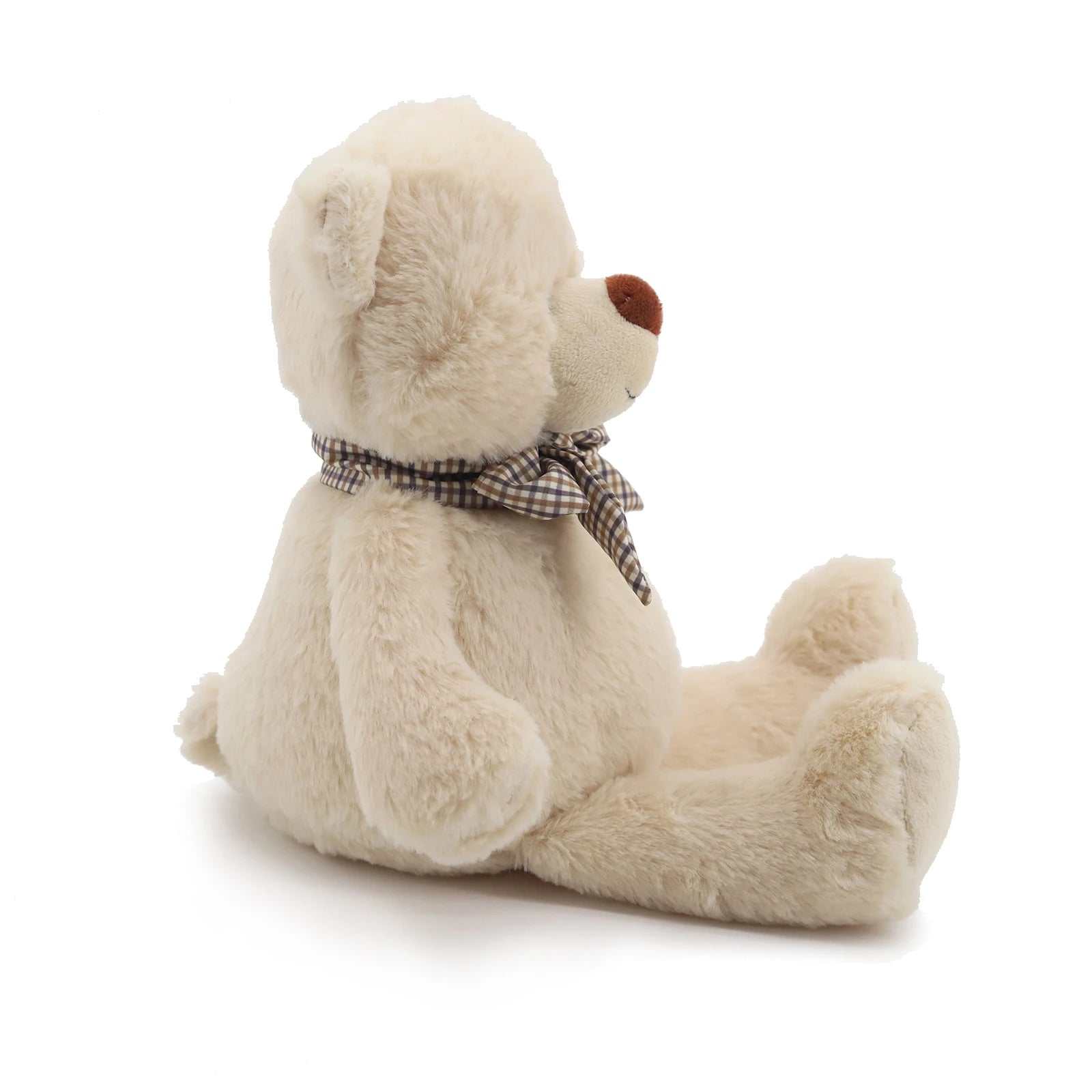 Classic Cream Teddy Bear Plush Toy with Plaid Bow Tie Soft Stuffed Animal Doll Cute Bear Plushie for Kids Birthday Gift Home