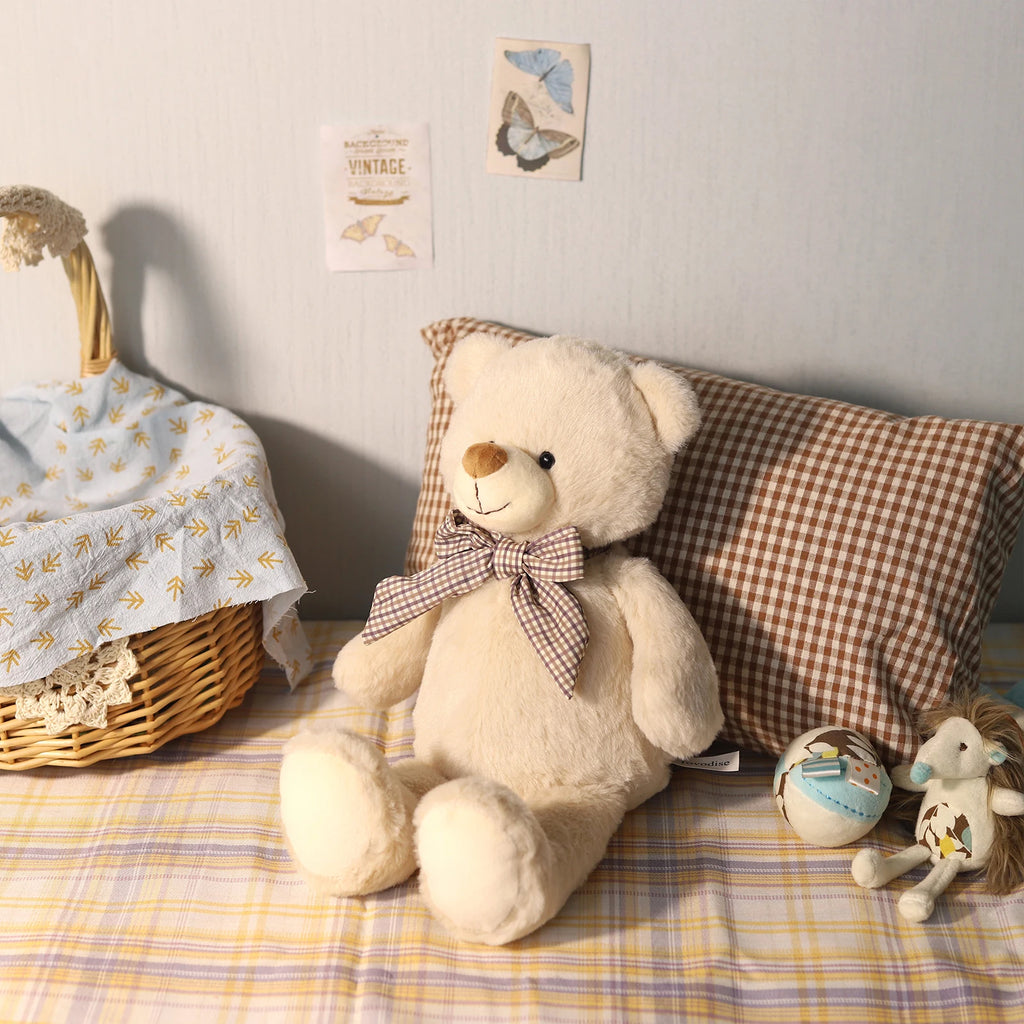 Classic Cream Teddy Bear Plush Toy with Plaid Bow Tie Soft Stuffed Animal Doll Cute Bear Plushie for Kids Birthday Gift Home