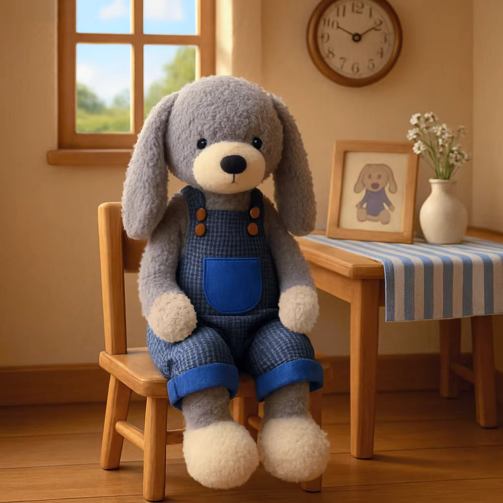 Cute Long Eared Gray Bear Plush Toy Soft Stuffed Animal with Blue Checked Overalls Kids Adults Birthday Gift Home Decor