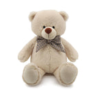 Classic Cream Teddy Bear Plush Toy with Plaid Bow Tie Soft Stuffed Animal Doll Cute Bear Plushie for Kids Birthday Gift Home