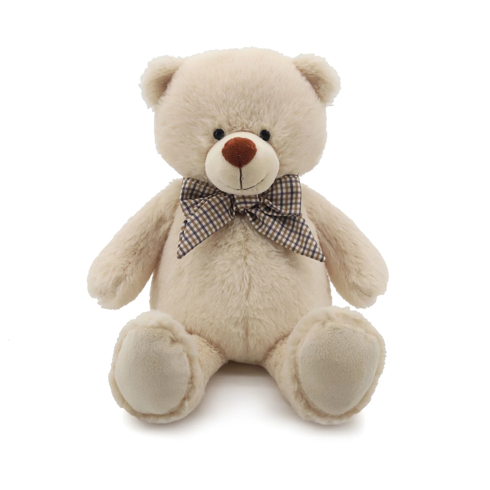 Classic Cream Teddy Bear Plush Toy with Plaid Bow Tie Soft Stuffed Animal Doll Cute Bear Plushie for Kids Birthday Gift Home