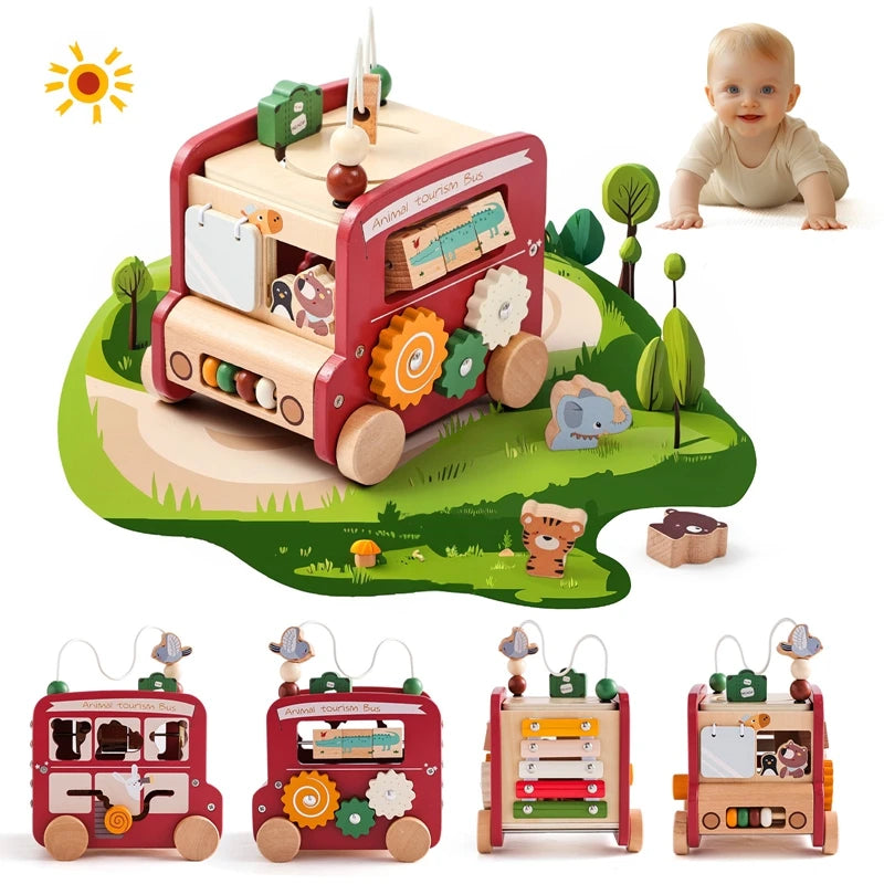 Baby Wooden Montessori Toy 0-12Months Baby Car Toy Polyhedron Busy Bus Toy Kids Early Education Hand Brain Sense Organ Toys Gift