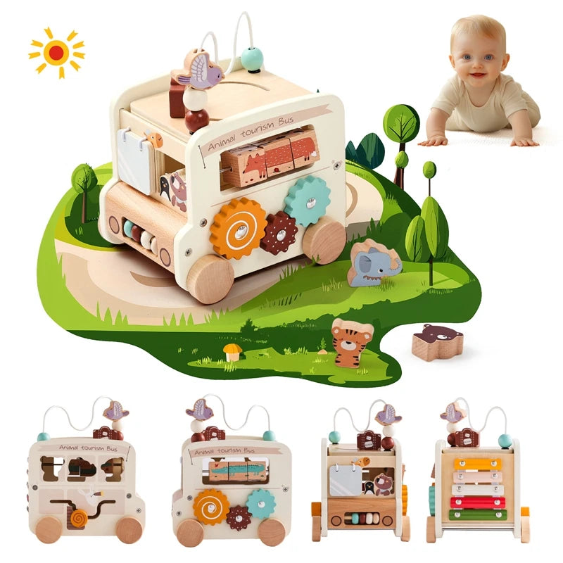 Baby Wooden Montessori Toy 0-12Months Baby Car Toy Polyhedron Busy Bus Toy Kids Early Education Hand Brain Sense Organ Toys Gift