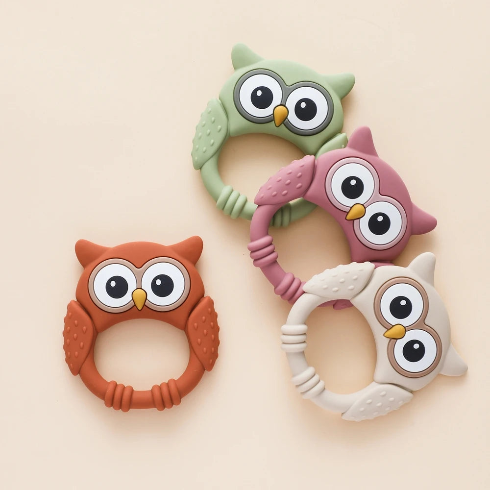 Silicone Teether,Food Grade Baby 0-12 Toys,Teething Rattle Sensory Toys for Toddlers,Cartoon Owl Silicone Soothing Teether Toys