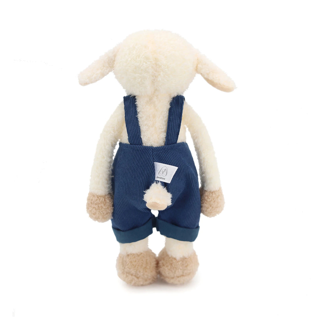 Exquisitely Crafted Fluffy Sheep Plush Toy Dressed in Adorable Navy Corduroy Overalls - Super - Soft, Perfect for Kids