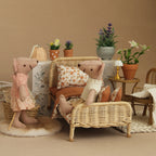 1:12 Miniature Simulated Rattan Crib with Bedding Three-Piece Set Suitable for Children'S Playhouse Decorations