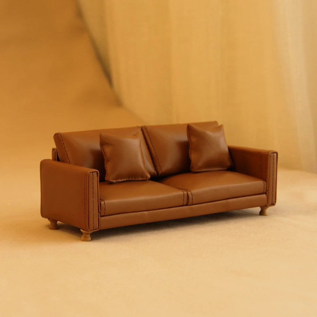1:12 Miniature Realistic Furniture Brown Leather Single Sofa with Footrest/Double Sofa Suitable for Mini House Home Decor
