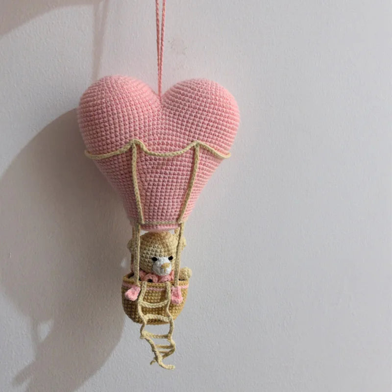 Handmade Crochet Bear in Hot Air Balloon - Hanging Nursery Decor, Cute Plush Animal Wall Hanging for Kids Room, Baby Mobile Deco