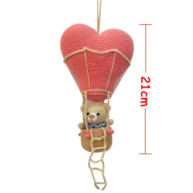 Handmade Crochet Bear in Hot Air Balloon - Hanging Nursery Decor, Cute Plush Animal Wall Hanging for Kids Room, Baby Mobile Deco