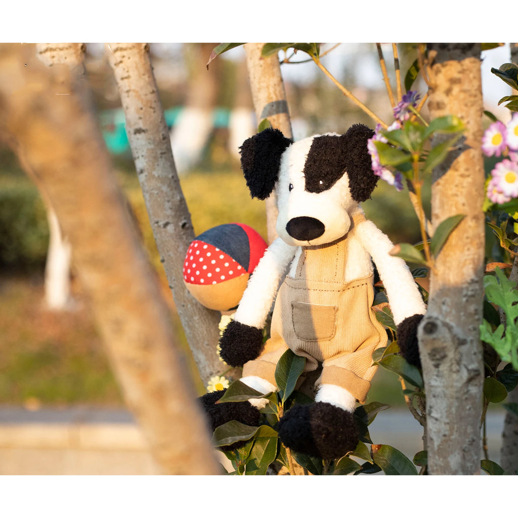 Black White Dog Plush Toy Soft Stuffed Animal with Khaki Overalls Doll Clothes Cute Decor Gift for Kids Adults Bedroom Sofa Car