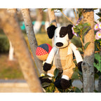 Black White Dog Plush Toy Soft Stuffed Animal with Khaki Overalls Doll Clothes Cute Decor Gift for Kids Adults Bedroom Sofa Car