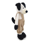 Black White Dog Plush Toy Soft Stuffed Animal with Khaki Overalls Doll Clothes Cute Decor Gift for Kids Adults Bedroom Sofa Car