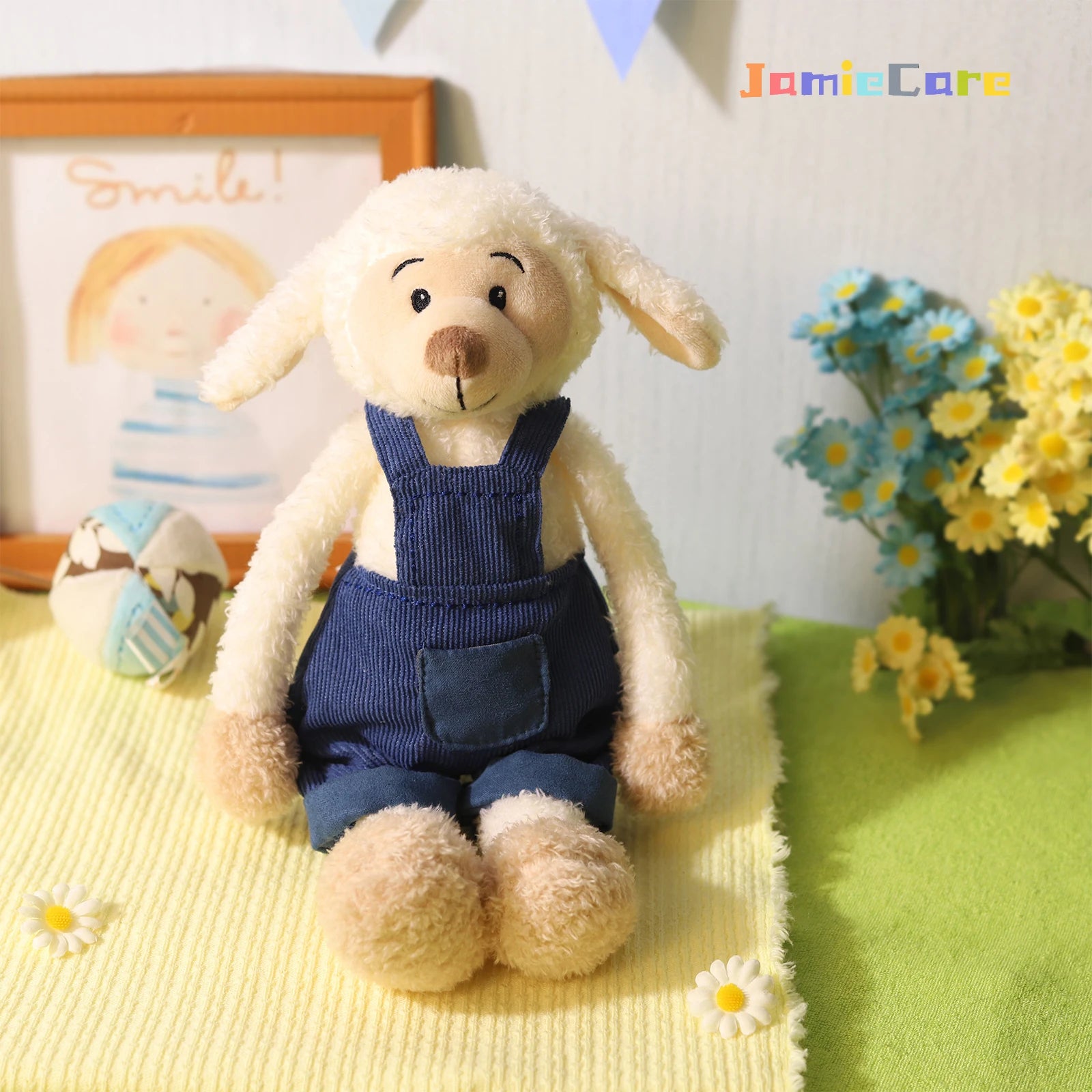 Exquisitely Crafted Fluffy Sheep Plush Toy Dressed in Adorable Navy Corduroy Overalls - Super - Soft, Perfect for Kids
