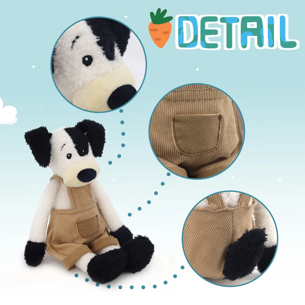 Black White Dog Plush Toy Soft Stuffed Animal with Khaki Overalls Doll Clothes Cute Decor Gift for Kids Adults Bedroom Sofa Car
